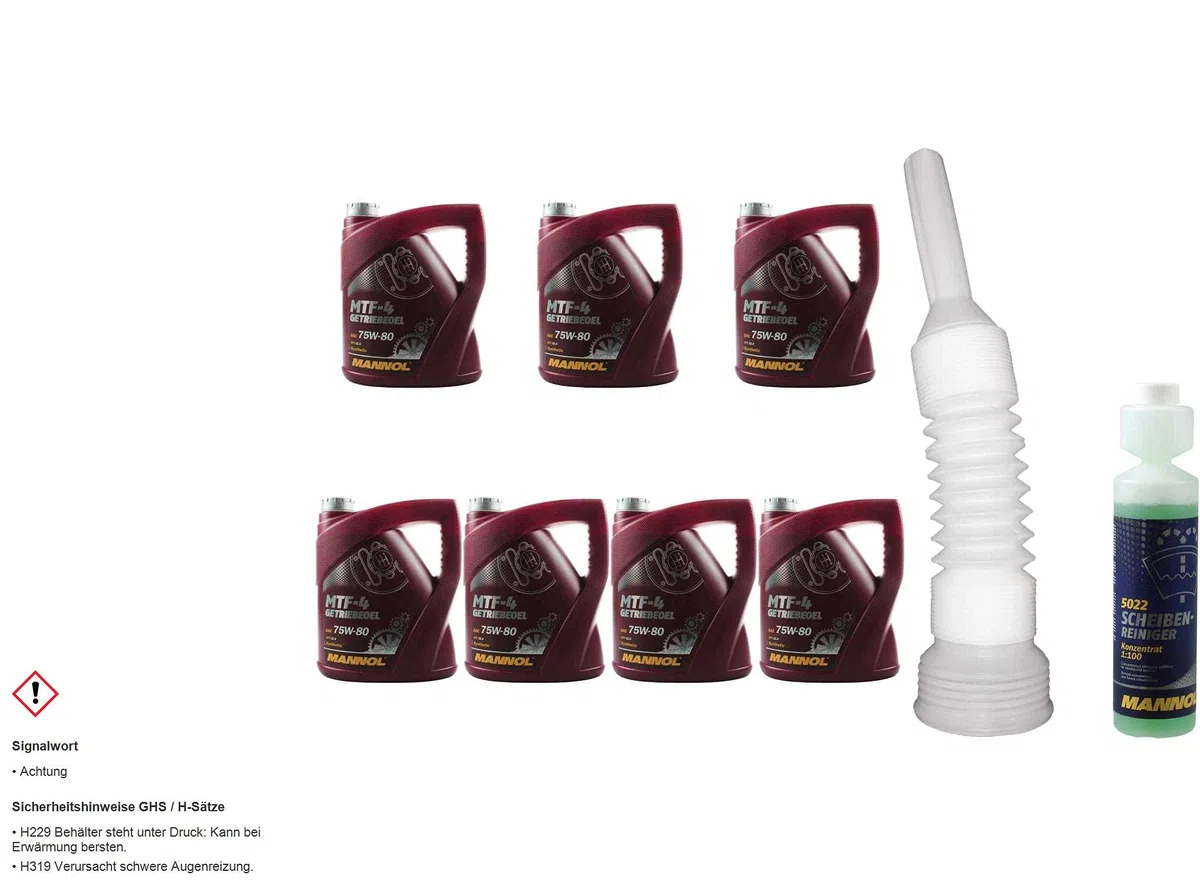 Set 28 Liter 85418363 MN8104-4 CT4504 5022 MANNOL Scheibenreiniger Konzentrant 1:100 250ml 4 Original MTF-4 Getriebeoel 75W-80 Auslaufschlauch