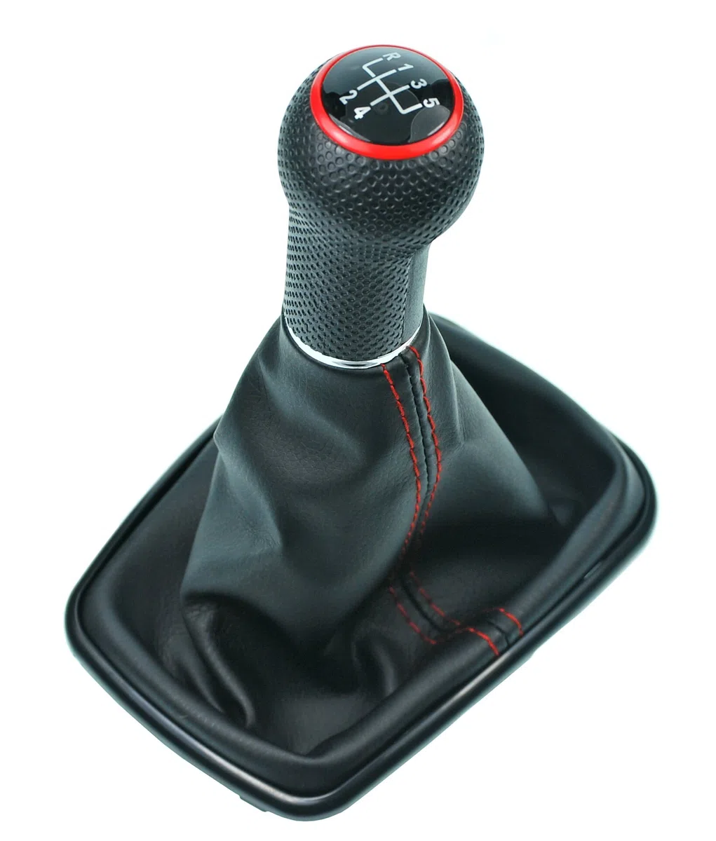 Schaltsack & Schaltknauf für VW Golf 4 IV & für Bora - 23mm - Bj. 1997 - 2006 - 5 Gang Knauf mit Rahmen - Schwarz - Rot - Schaltmanschette Schalthebel Manschette für Schaltgetriebe Schaltung A251-4
