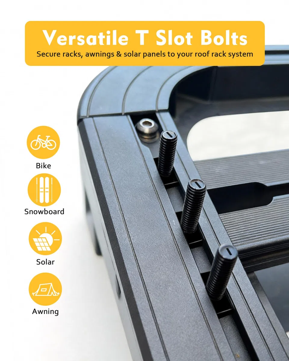 T-Schlitzschrauben für Thule, Yakima Dachträger, Plattform, Frachtkorb, Edelstahl, quadratischer T-Schienen-Bolzenadapter zur Sicherung von Fahrrad/Ski/Kajakträger, Solarpanel, Markise