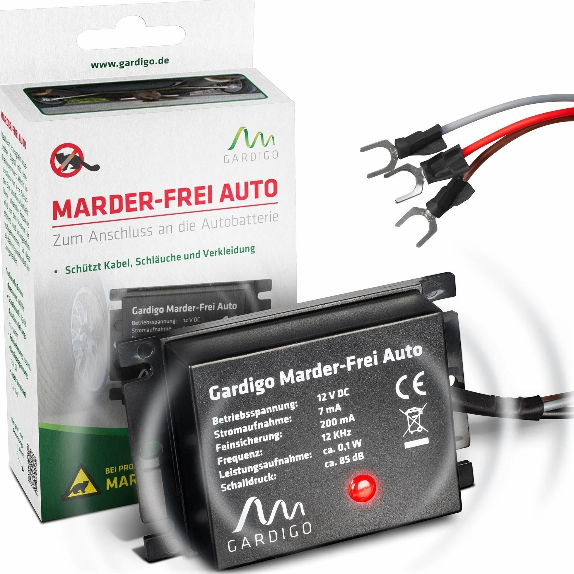 Gardigo® Marder-Frei Auto I Marderschreck Auto | 25 Jahre Erfahrung Ultraschall Marderabwehr | Anschluss an 12V Autobatterie I Marderschutz für Auto | Abwehr gegen Marder KFZ, Marder vertreiben