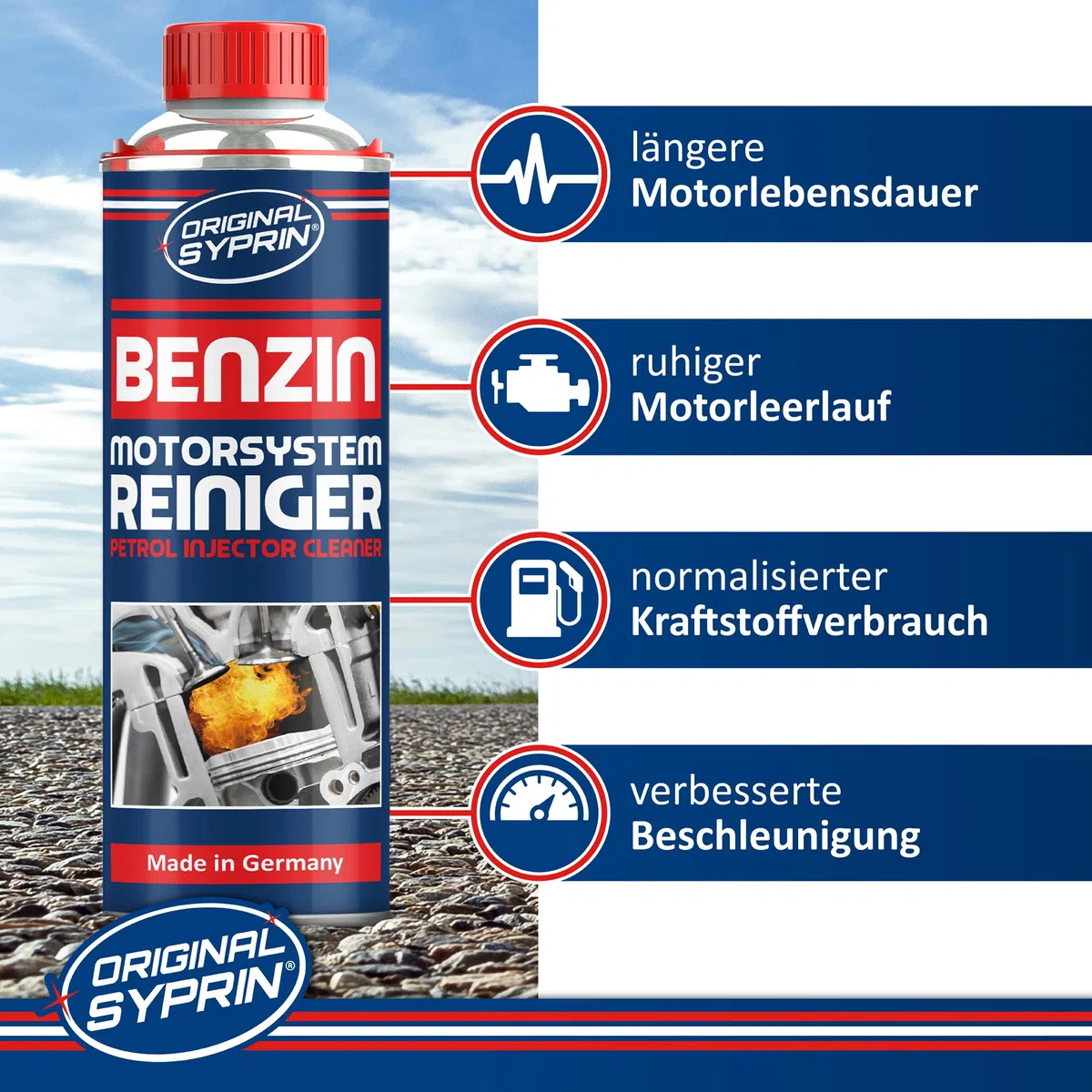 SYPRIN Benzin Motorsystemreiniger 500ml - Reiniger für Benzinmotoren, Systemreiniger entfernt Ablagerungen und normalisiert den Kraftstoffverbrauch