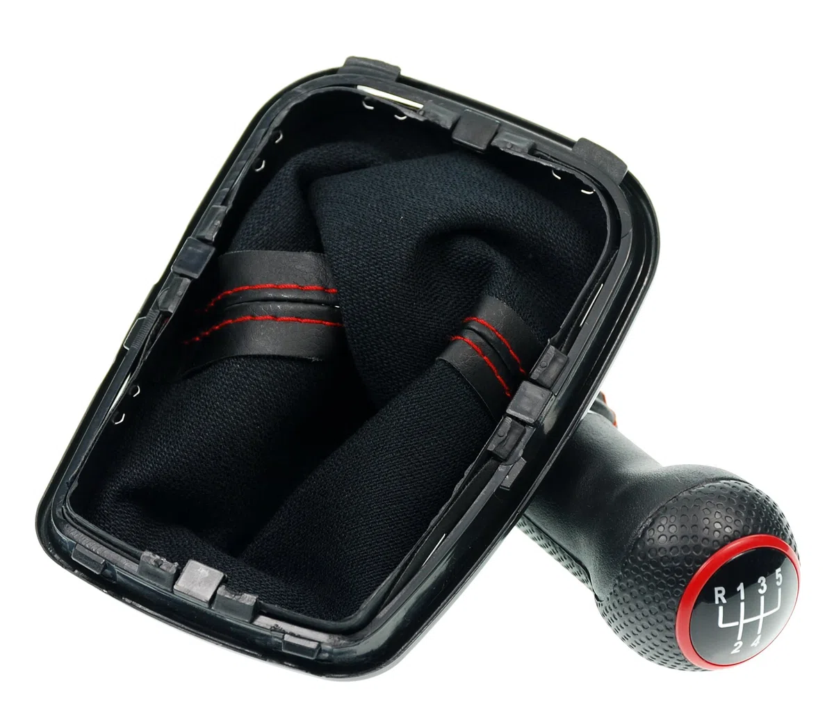 Schaltsack & Schaltknauf für VW Golf 4 IV & für Bora - 23mm - Bj. 1997 - 2006 - 5 Gang Knauf mit Rahmen - Schwarz - Rot - Schaltmanschette Schalthebel Manschette für Schaltgetriebe Schaltung A251-4