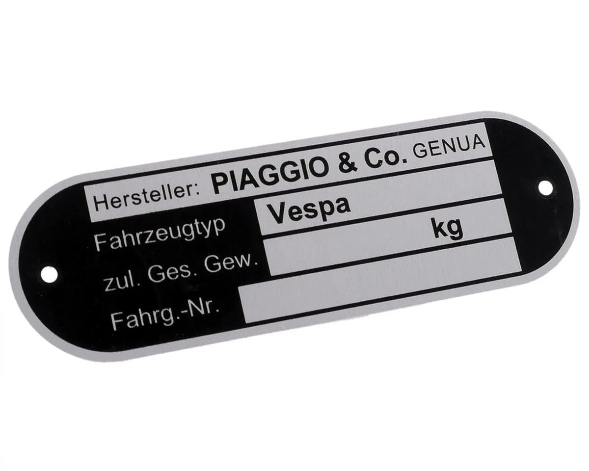 SIP Typenschild PIAGGIOundCO. Genova Schwarz Aluminium Geätzt 2 Nieten 80x25x0,6mm Kompatibel Für VESPA 125 GTR 125 VNL2T 2T AC 68-78, PK 50 XL/Elestart 50 V5X3T 2T AC 85-90