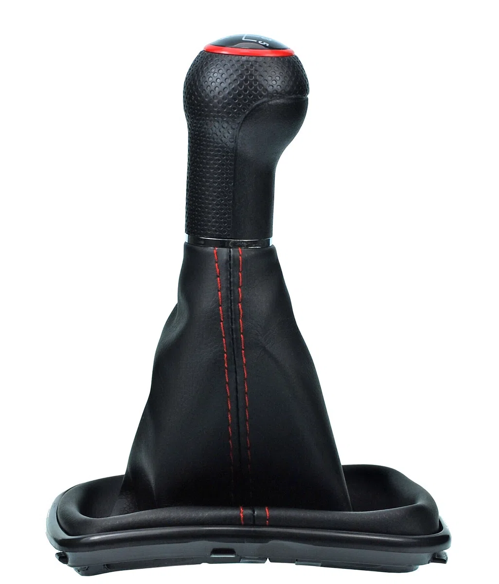 Schaltsack & Schaltknauf für VW Golf 4 IV & für Bora - 23mm - Bj. 1997 - 2006 - 5 Gang Knauf mit Rahmen - Schwarz - Rot - Schaltmanschette Schalthebel Manschette für Schaltgetriebe Schaltung A251-4