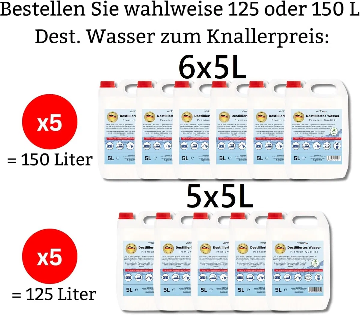 VENTON 125/150 Liter Destilliertes Wasser (KNALLERPREIS) (150 Liter)