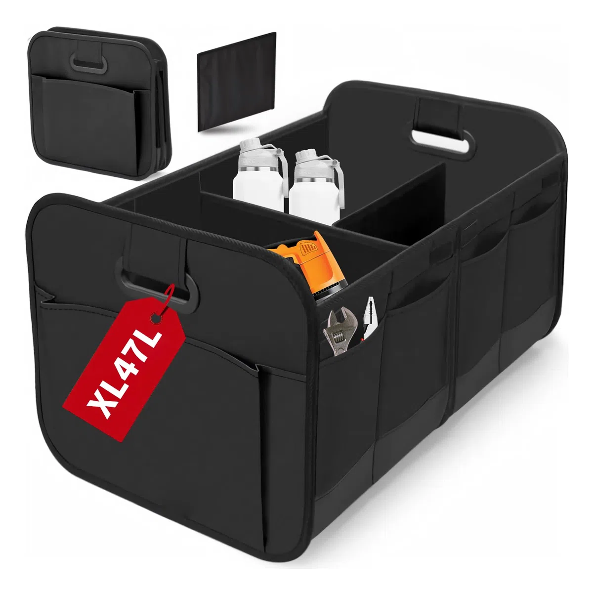 Faltbare Kofferraum Organizer-Box, Großer wasserdichter Auto Organizer mit abnehmbaren Trennwänden und Seitentaschen,Kofferraumtasche für PKW, SUV, Camping und Einkäufe (1)