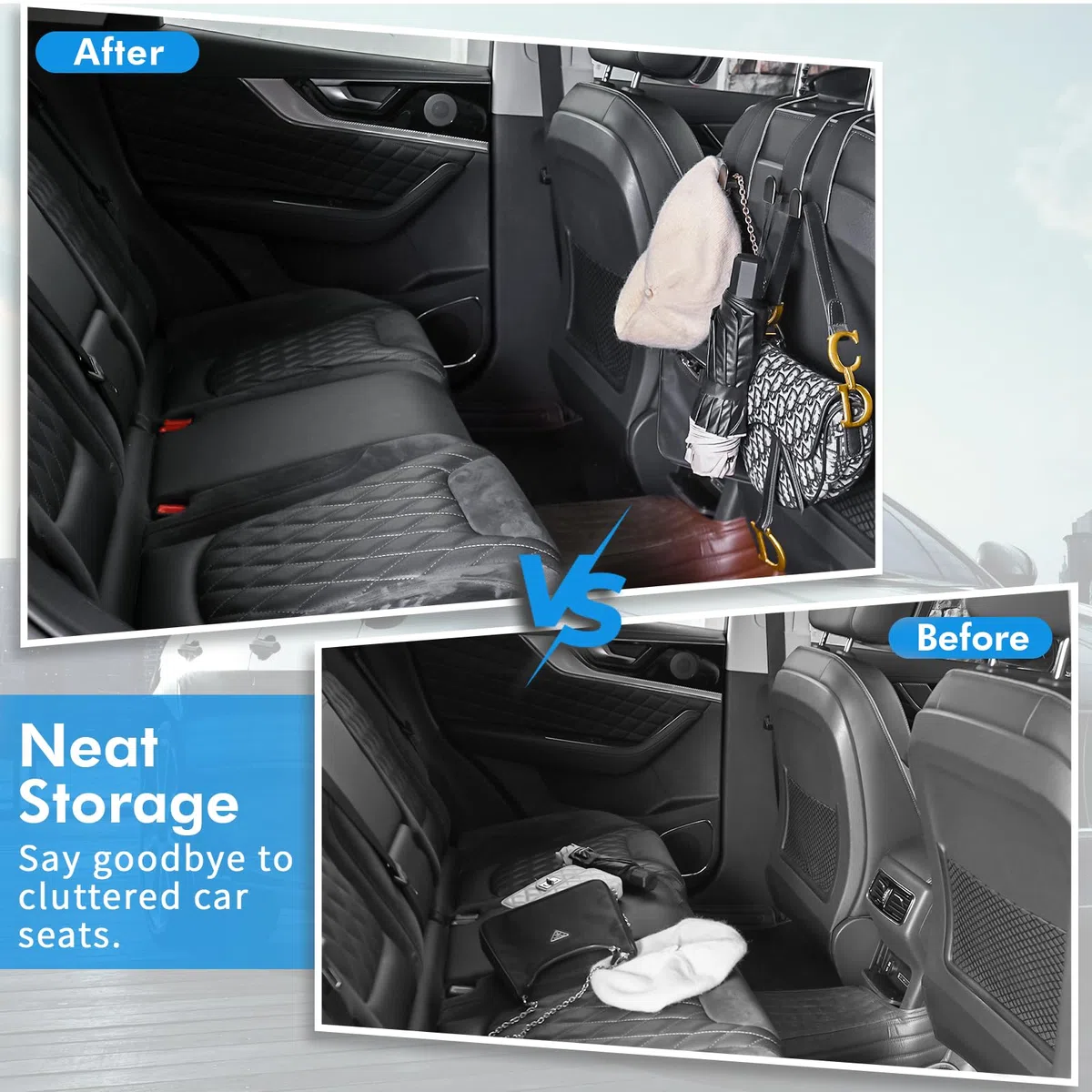 Auto-Haken für Kopfstütze, Leder, Autositz-Rückenlehne, Organizer, Innenzubehör, Autositz-Haken für Geldbörse, Regenschirme, Handtasche, Kleidung, Mäntel, Einkaufstaschen, Schwarz, 2 Stück