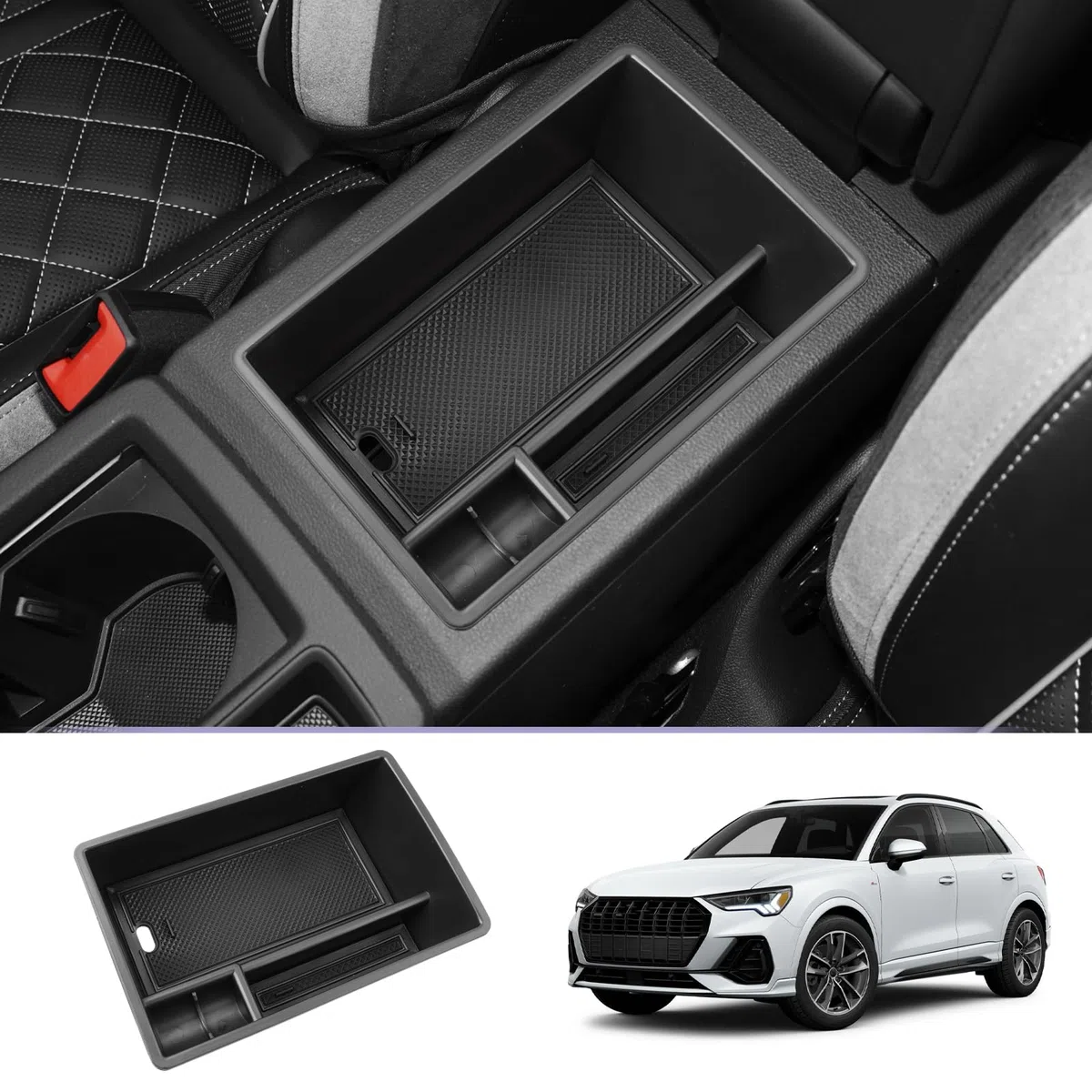 LUWU Kompatibel mit Audi Q3 F3 2019-2024 2025 Mittelkonsole Armlehnen Aufbewahrungsbox Mittelarmlehne Handschuhfach Organizer Tray Q3 F3 Zubehör (Schwarz)