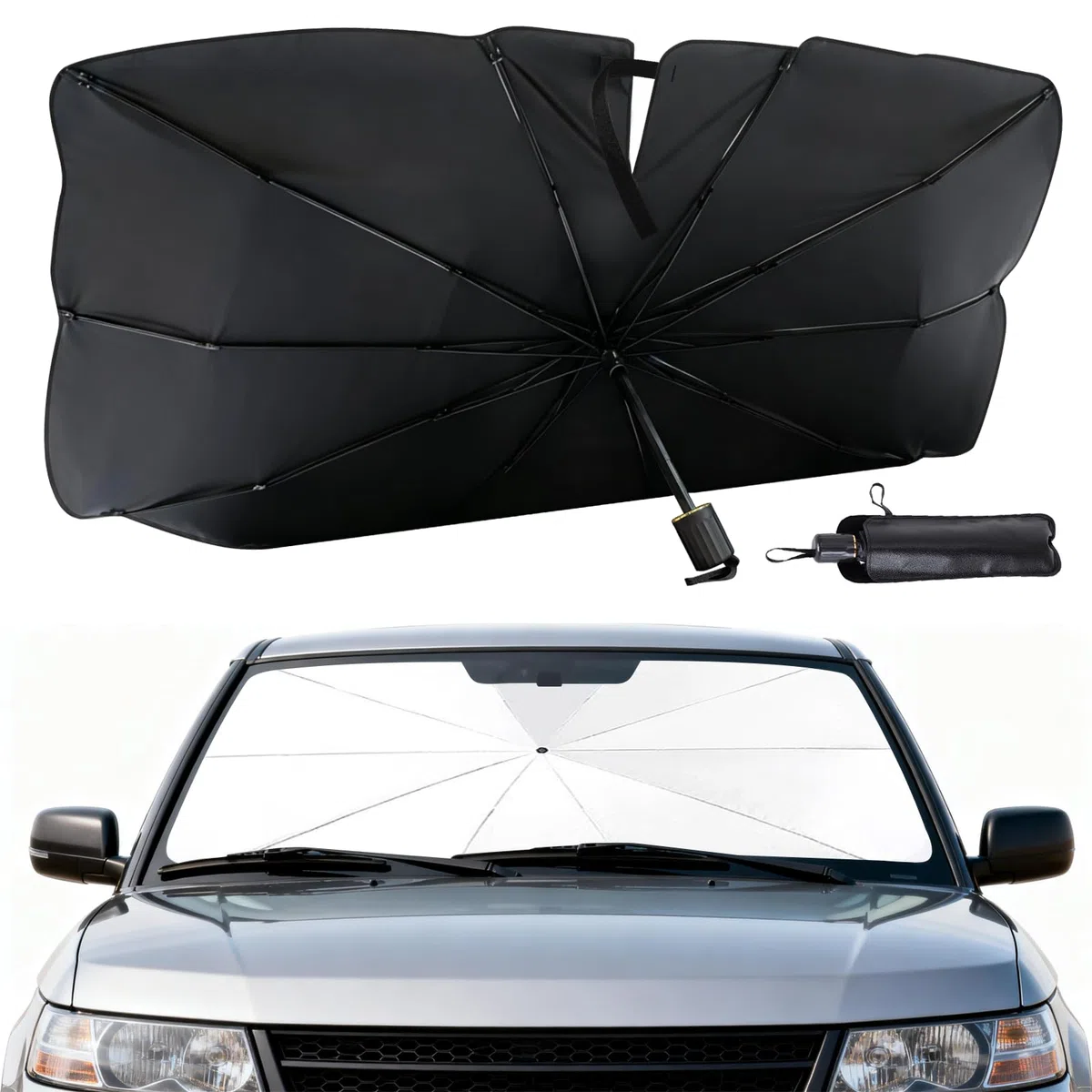 BIRDDIE Auto Sonnenschutz für die Windschutzscheibe stabile manuelle Einstellung in Mehreren Winkeln, UV & Hitzeschutz mit Ledertasche, für Limousinen, SUVs und MPVs