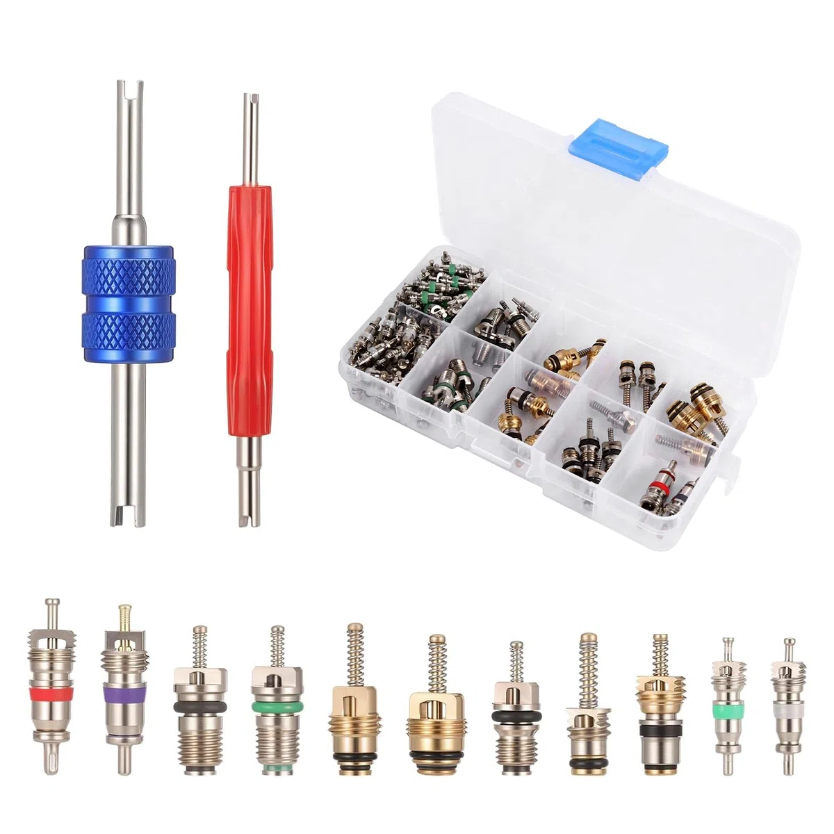Ventileinsatz Auto, 102 Teilig Reifenventil Werkzeug Klimaanlage Ventil R134a R12 mit Ventilausdreher, Automotive Klimaanlage Kälte Reifen Ventilschaft Kernen Remover Tool Sortiment Kit