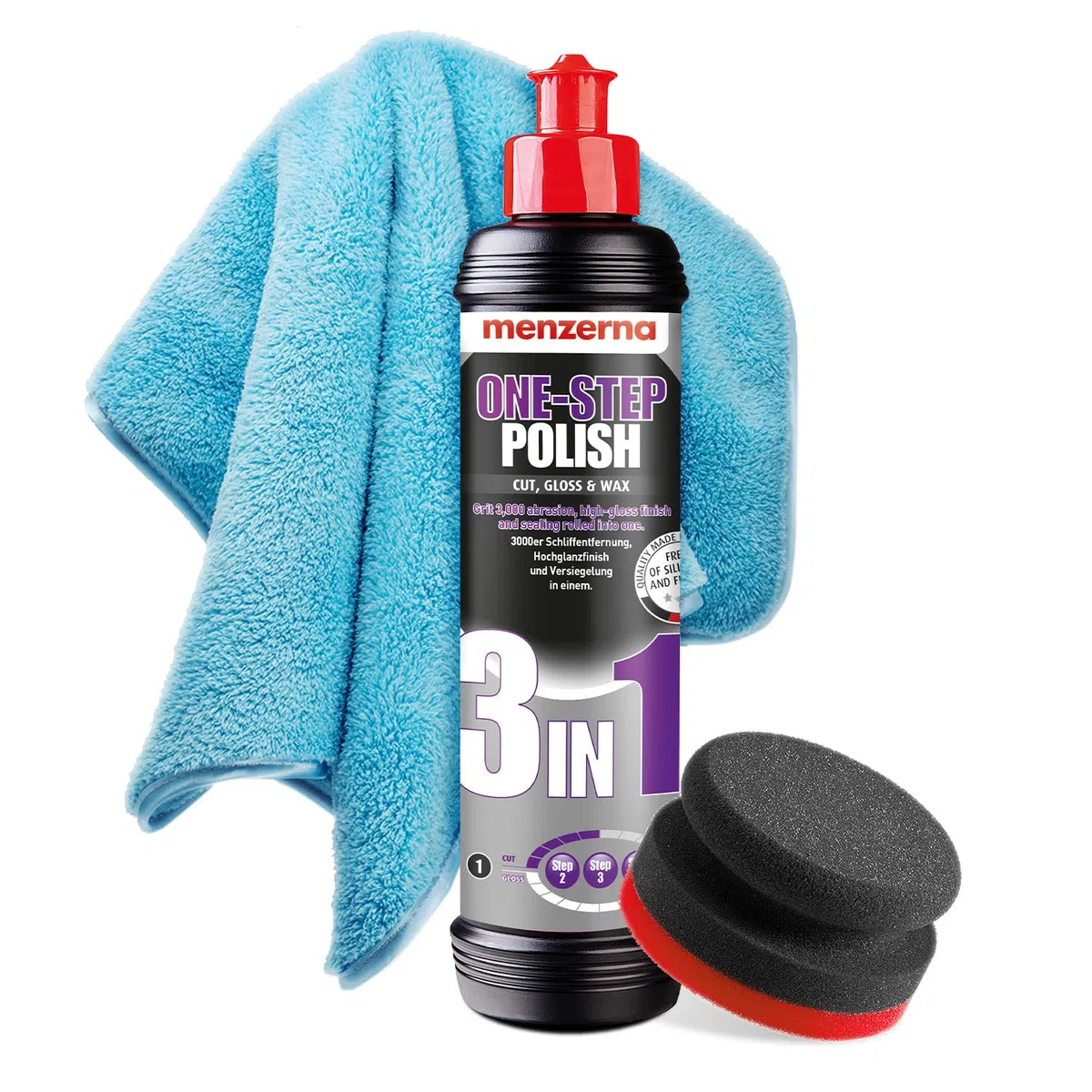 Detailmate Einsteiger Auto Politur Set - Menzerna Medium Cut Politur One-Step-Polish 3 in 1 + Garage Freaks Applikations Schwamm Polierpuk + Mikrofaser Poliertuch langflorig