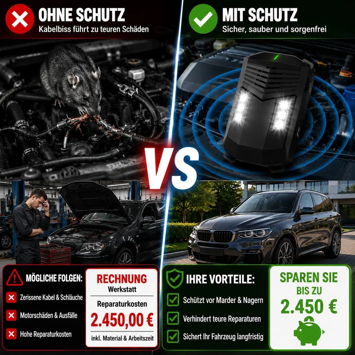 YETEE Marderschreck Ultraschall mit Blitzlicht & Sensorsteuerung – Marderabwehr Auto & Haus – Schutz für Motorraum, Dachboden, Garage & Lager, flexibel nutzbar mit Netzteil oder AA-Batterien