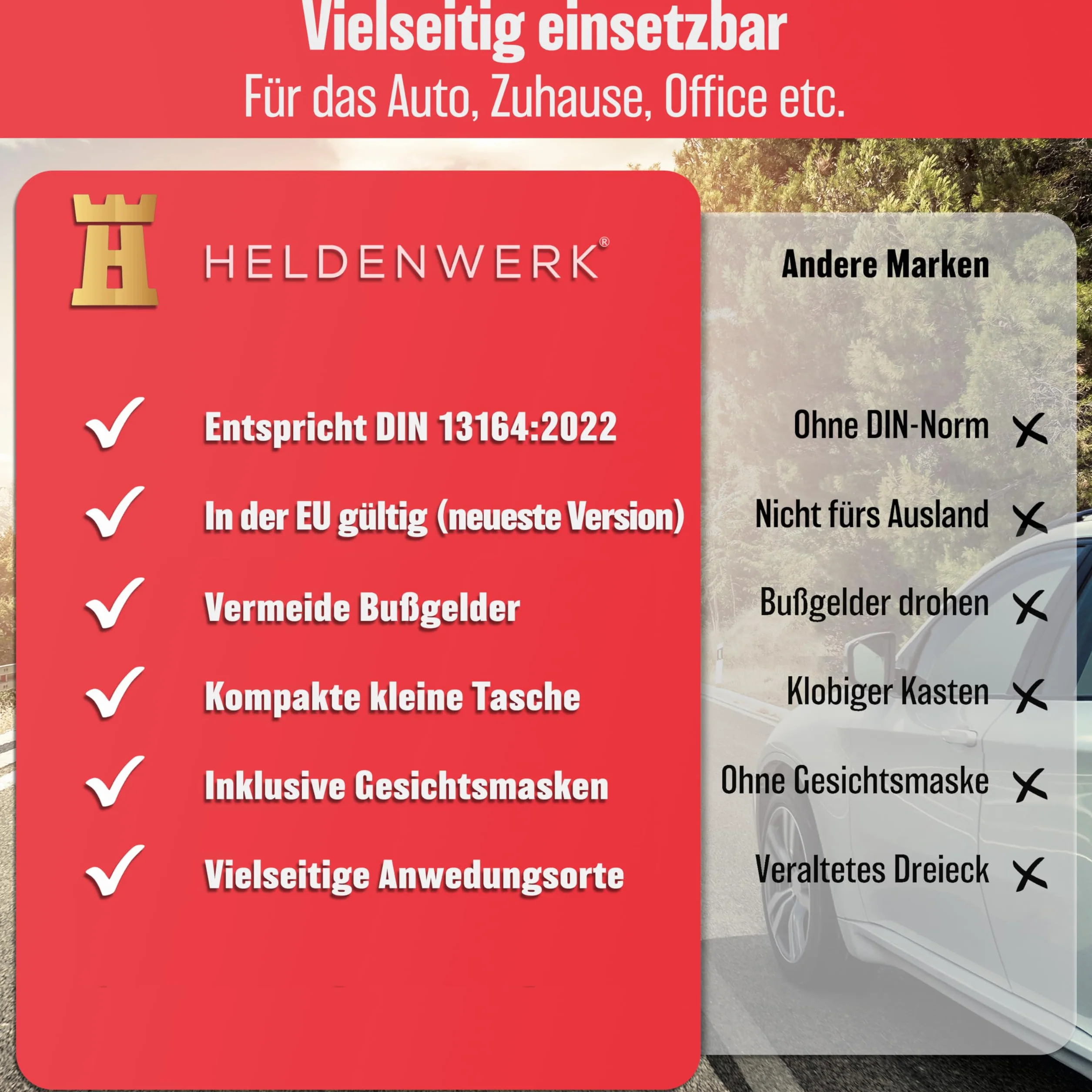 HELDENWERK KFZ Verbandstasche nach aktueller Norm 2026 - Europaweit Nutzbar - Erste Hilfe Set Auto Verbandskasten DIN 13164:2022 (StVO konform)
