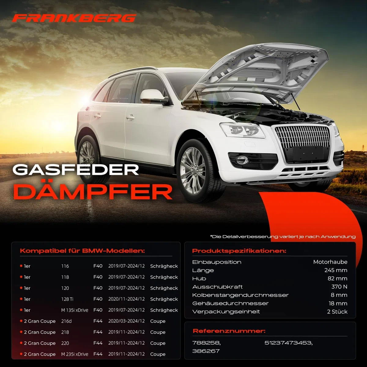 Frankberg 2x Gasfeder Motorhaube Kompatibel mit 1er F40 116-128 M135 1.5L-2.0L 2019-2024 2 Gran Coupe F44 216-220 M235i 1.5L-2.0L 2019-2024 Replace# 51237473453