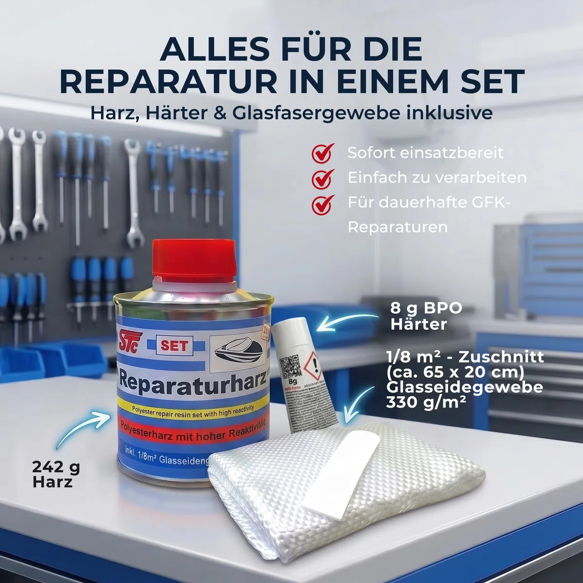 STC GFK Reparaturset 250 g – Polyesterharz mit Härter & Glasfasermatte für Reparaturen von Boot, Auto & Karosserie – Profi Laminierharz inkl. Spachtel & Mischbecher – Made in Germany