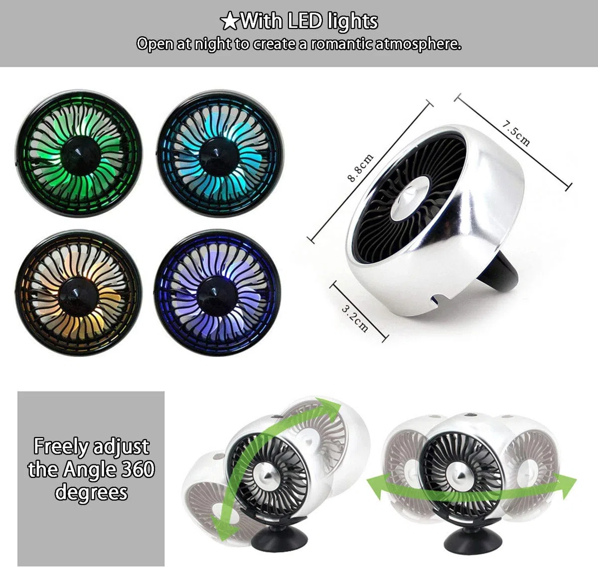 Kwak's Mini-Lüfter für Auto mit LED-Licht | ABS-Material, Lüftungsventilator, Für Auto Home Office, KFZ-Ventilator