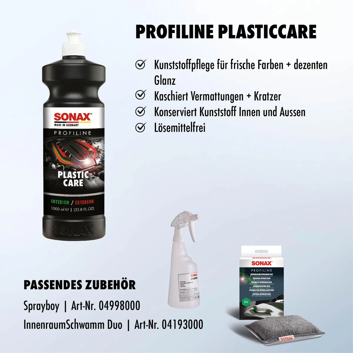 SONAX PROFILINE PlasticCare (1 Liter) Kunststoffpfleger frischt Farben auf, gibt dezenten Glanz und kaschiert Vermattungen und Kratzer auf Kunststoff | Art-Nr. 02054050