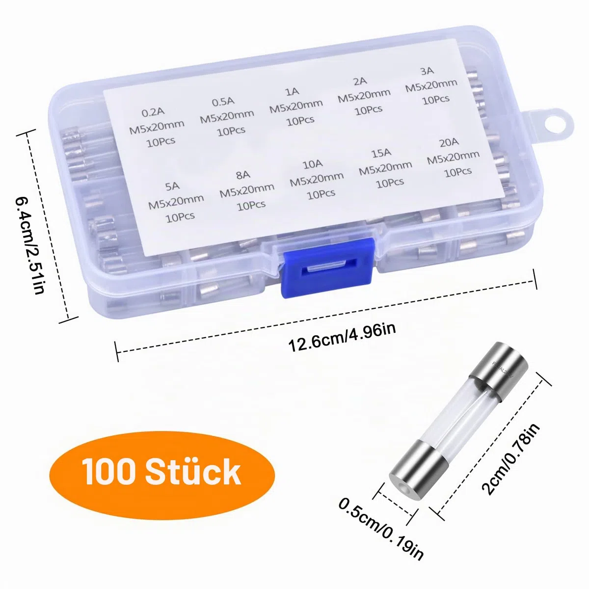 100 Stk Feinsicherungen Flink, 5x20mm 250V Feinsicherung Sortiment 0.2A, 0.5A, 1A, 2A, 3A, 5A, 8A, 10A, 15A, 20A, Glassicherung, Glasrohrsicherung, Glas Sicherungen