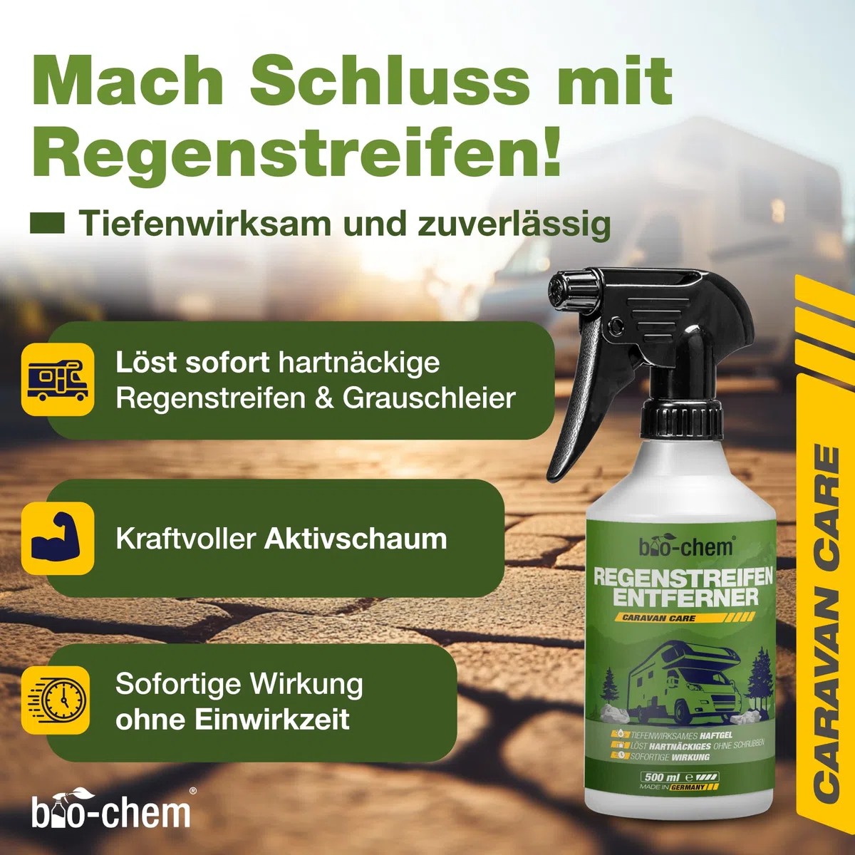 bio-chem Regenstreifen-Entferner 500ml für Wohnmobil & Boot | Tiefenwirksames Haftgel für Caravan und Wohnmobil gegen hartnäckige Verschmutzungen