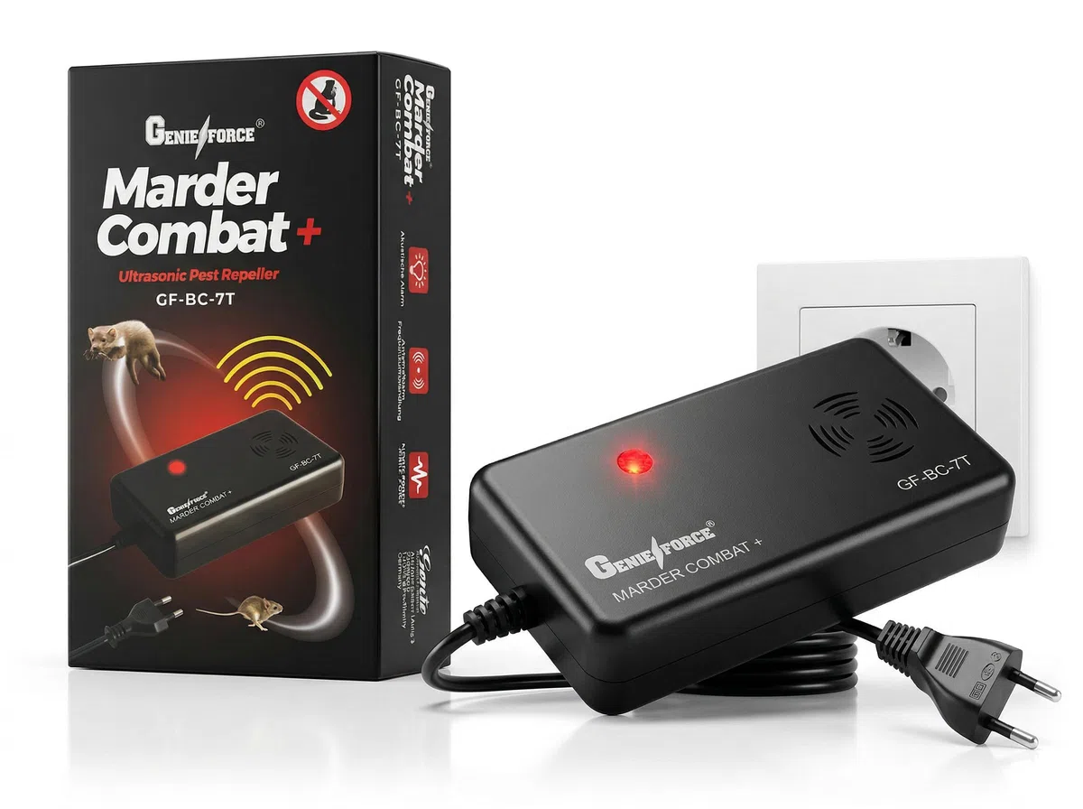 Genieforce® Marder Combat+ Indoor Marderschutz, Marderschreck Ultraschallgerät, Marderabwehr, Mäuseabwehr für Haus, Dachboden, Keller und Garten, 230V Netzstecker - GF-BC-7T