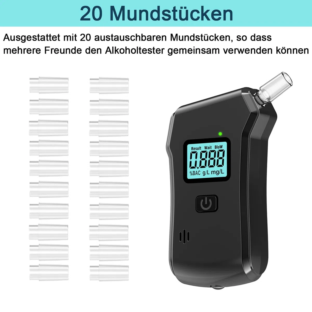 Alkoholtester, Polizeigenau Promillemessgerät Professioneller Alkohol Tester, Alkoholmessgerät für Privaten Gebrauch zu Hause mit Digitaler LCD-Bildschirm mit 20 Mundstücke