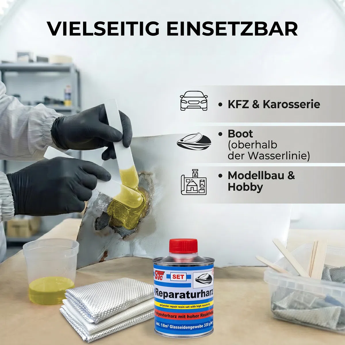STC GFK Reparaturset 250 g – Polyesterharz mit Härter & Glasfasermatte für Reparaturen von Boot, Auto & Karosserie – Profi Laminierharz inkl. Spachtel & Mischbecher – Made in Germany