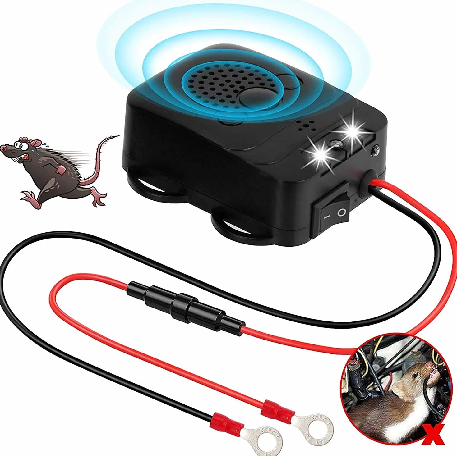 LiangMai Marderschreck Auto Marderfrei Auto/KFZ, Ultraschall Frequenz 12kHz-25kHz，Anschluss an 12V Autobatterie, Marderschutz Marderabwehr Tiervertreiber Tierschreck mit 3 LEDs Blitzlicht