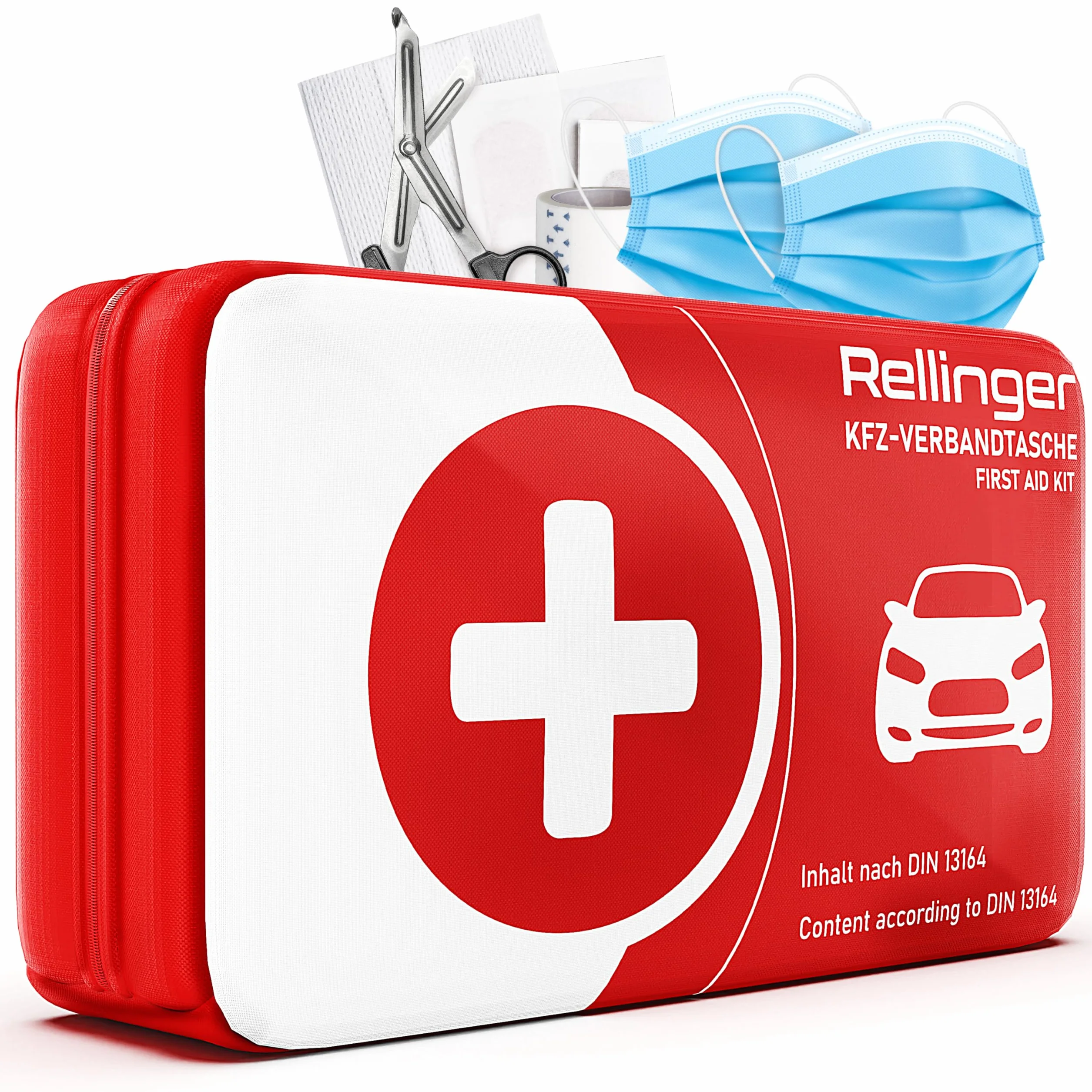 Rellinger® Verbandskasten Auto 2025 für HU zugelassen [EUROPAWEIT GÜLTIG] - inkl. 2 med. Gesichtsmasken - Vollständiges Erste Hilfe Set [DIN 13164 ZERTIFIZIERT] - (StVO konform)
