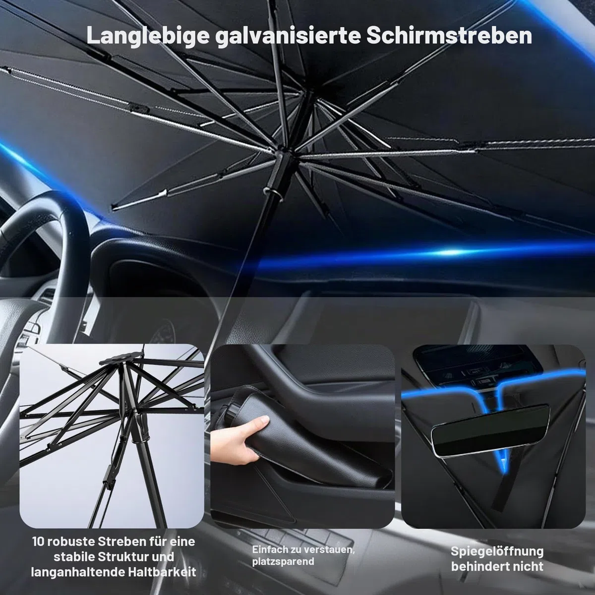 BIRDDIE Auto Sonnenschutz für die Windschutzscheibe stabile manuelle Einstellung in Mehreren Winkeln, UV & Hitzeschutz mit Ledertasche, für Limousinen, SUVs und MPVs