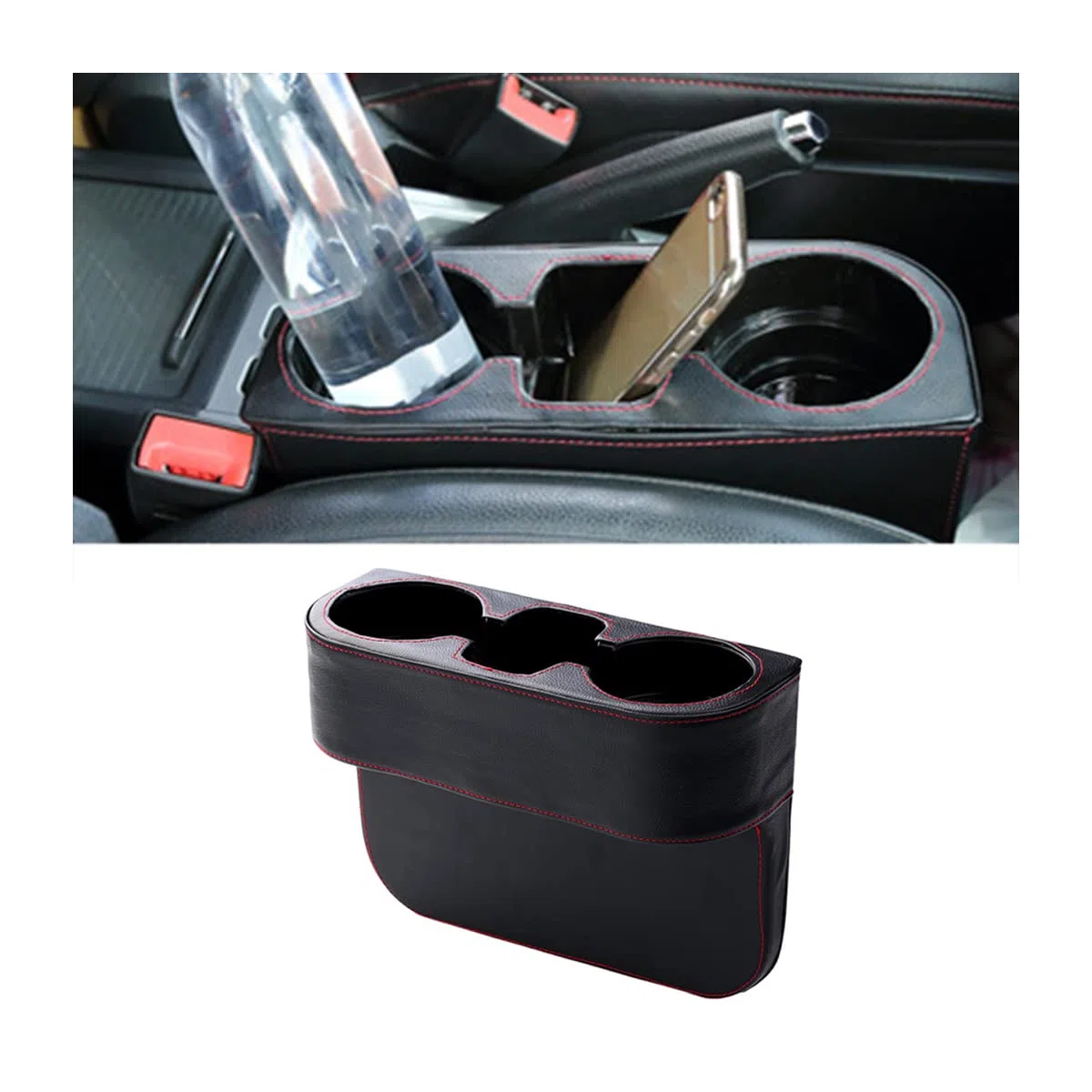 JNNJ PU-Leder Vordersitz-Lückenfüller mit Getränkehalter, Autositz Organizer, Universal Auto Getränkehalter, Multifunktionales Autozubehör, für Alle Fahrzeuge(Schwarz)