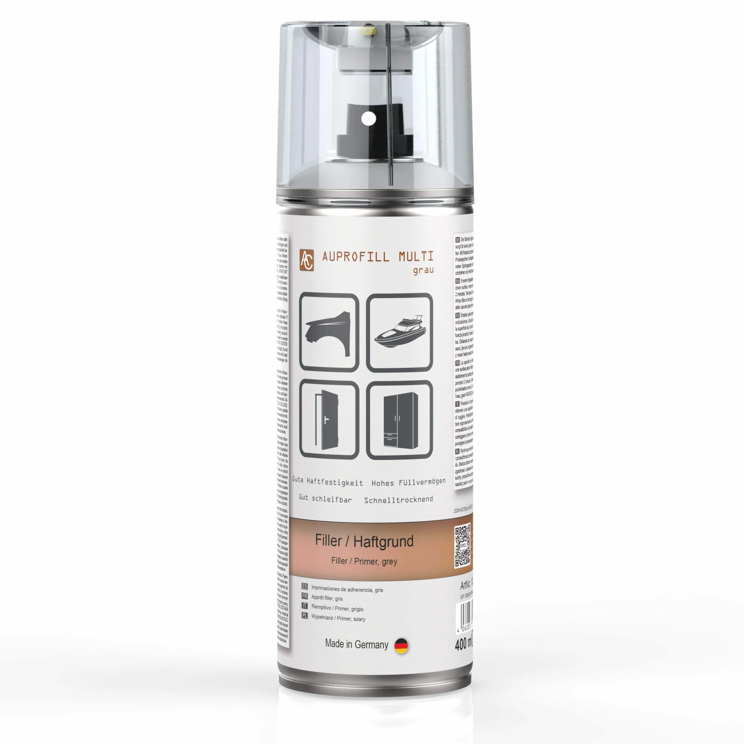 AUPROTEC Haftgrund Füller AUPROFILL MULTI Filler Grundierung für Autolack Primer Spray grau 1x 400ml + 1x Original Pistolengriff