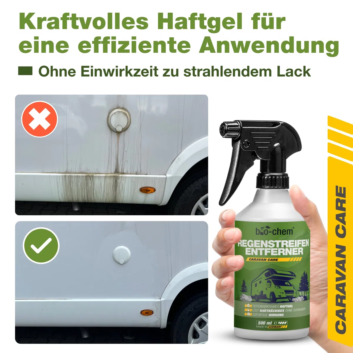 bio-chem Regenstreifen-Entferner 500ml für Wohnmobil & Boot | Tiefenwirksames Haftgel für Caravan und Wohnmobil gegen hartnäckige Verschmutzungen