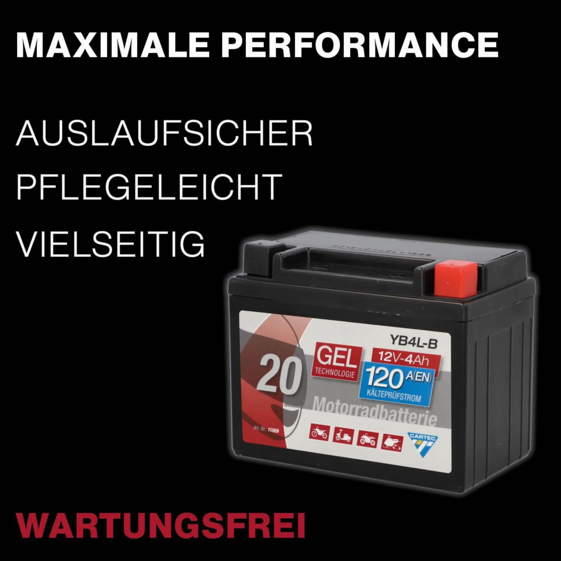 CARTEC Motorradbatterie YB4L-B, 4Ah 120A, Gel Technologie Motorrad-Starter-Batterie, Erstausrüsterqualität, zyklenfest, lagerfähig, wartungsfrei, schwarz