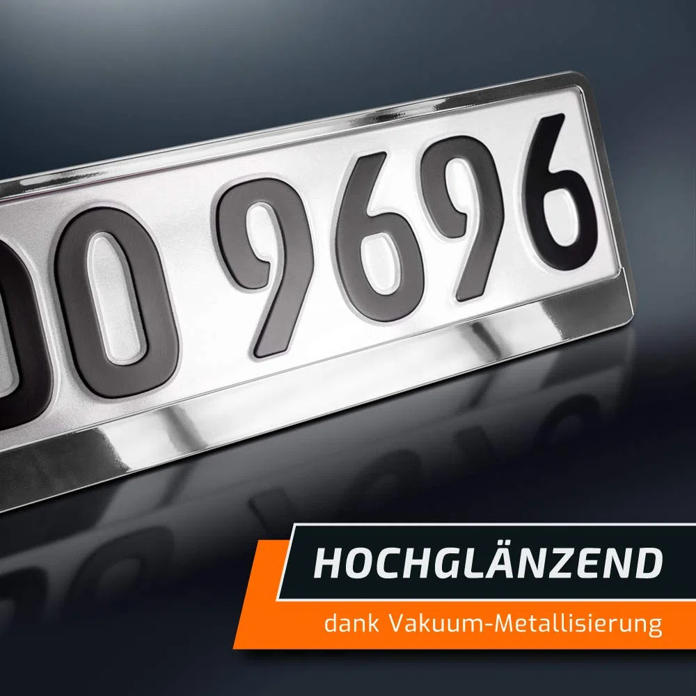 2 Kennzeichenhalter | Chrom Metallic Hochglanz | Silber Look | Nummernschildhalter | Kennzeichen-Halterung | DHL-Versand