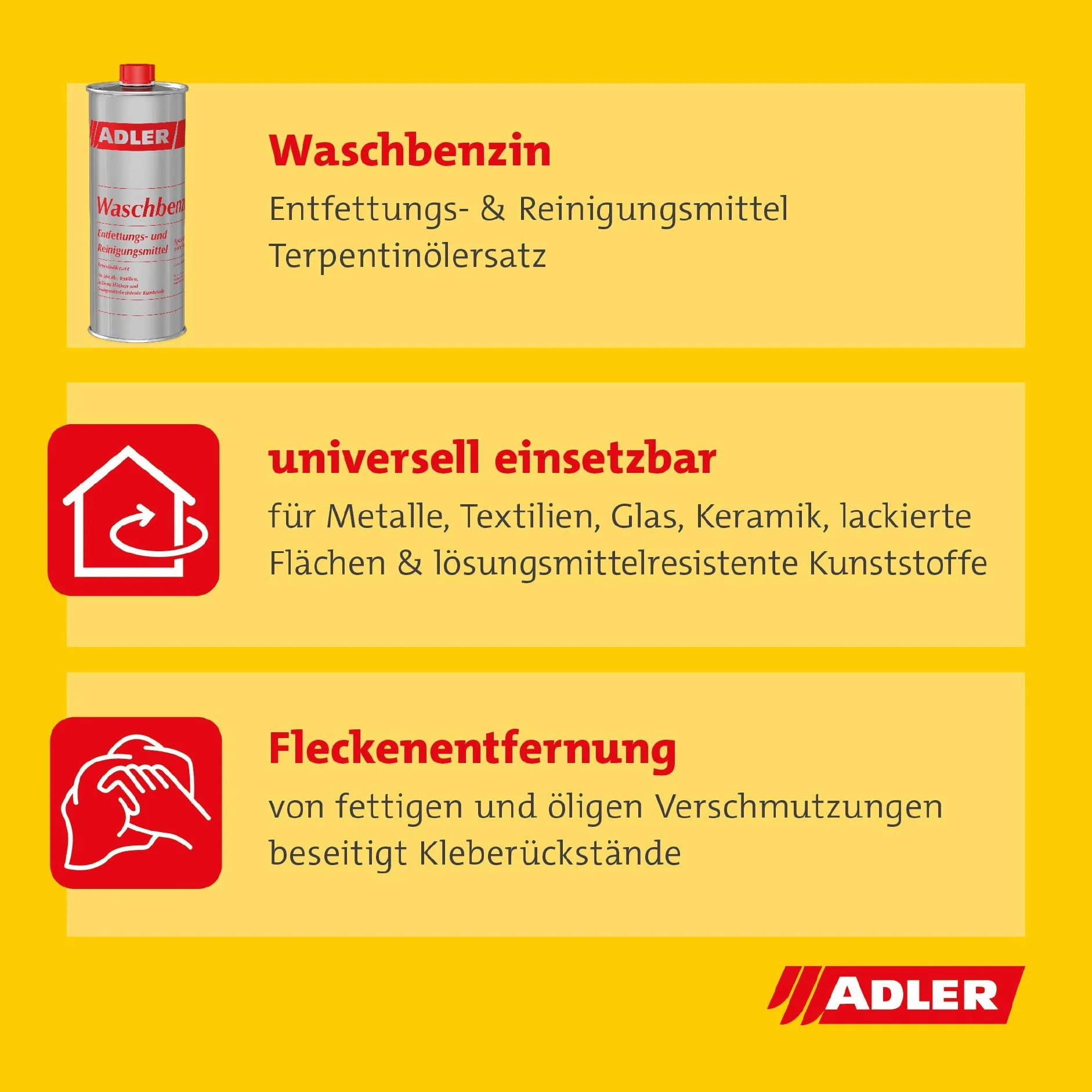 ADLER Waschbenzin - 1 L - Reinigungsbenzin, Reinigungsmittel und Fleckenentferner, zur gezielten Reinigung von fettigen und öligen Verschmutzungen