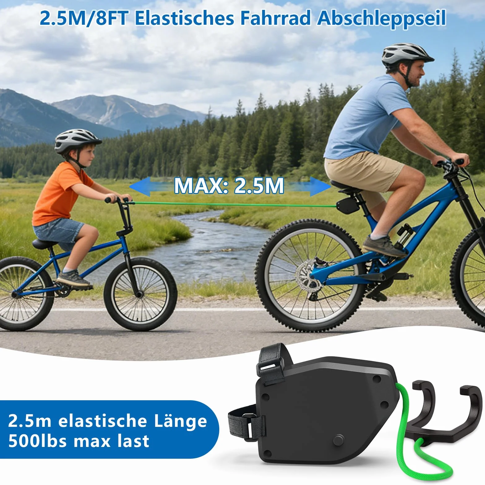 FIVAVA Fahrrad Abschleppseil Kinder 2.5M Einziehbarer Abschleppseil Fahrrad Eltern Kind Zugseil Traktionsseil 500 lbs für Kinder MTB Bike