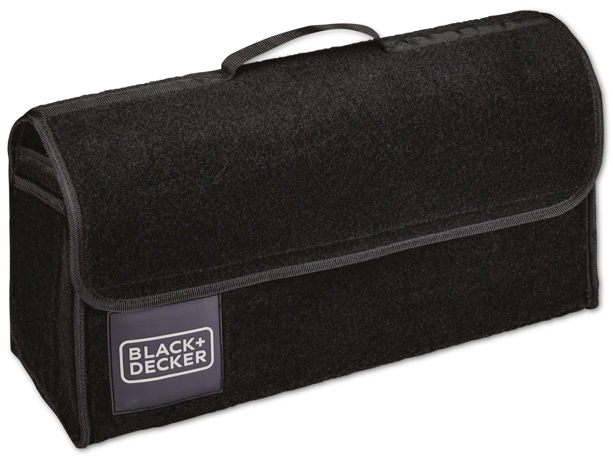 BLACK+DECKER Kofferraum Organizer - Auto Organizer 55 x 15 x 23 cm - Auto Zubehör Innenraum mit 1 Großem Fach und 2 Einstecktaschen - Mit Klettverschluss - Schwarz