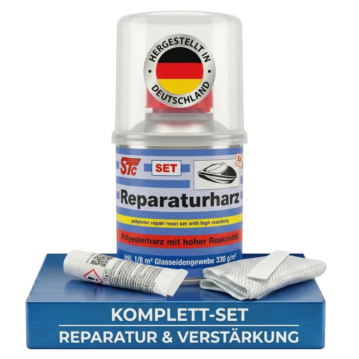 STC GFK Reparaturset 250 g – Polyesterharz mit Härter & Glasfasermatte für Reparaturen von Boot, Auto & Karosserie – Profi Laminierharz inkl. Spachtel & Mischbecher – Made in Germany