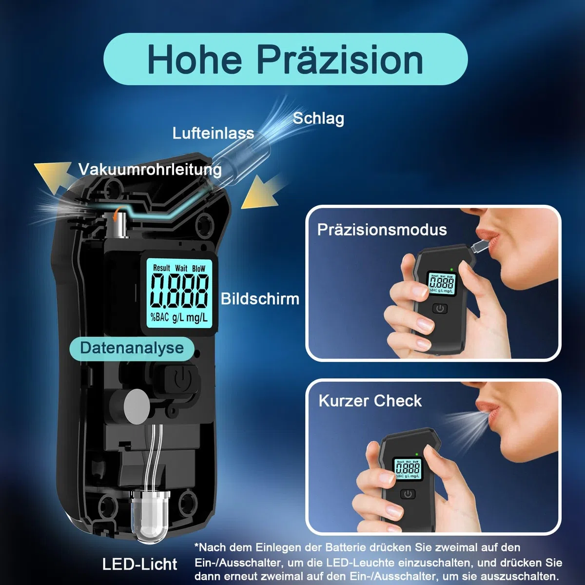 Alkoholtester, Polizeigenau Promillemessgerät Professioneller Alkohol Tester, Alkoholmessgerät für Privaten Gebrauch zu Hause mit Digitaler LCD-Bildschirm mit 20 Mundstücke