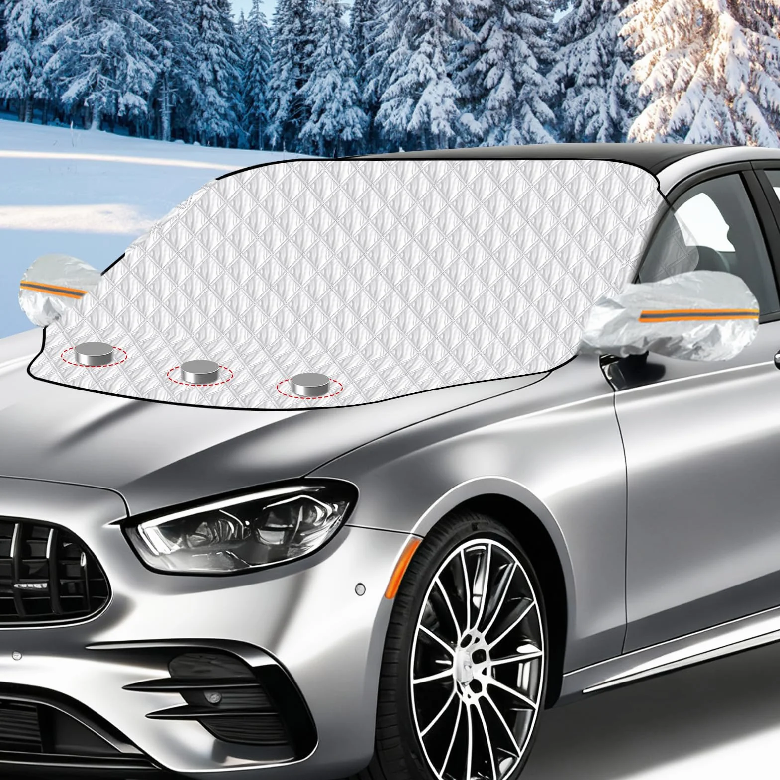 Feebee Frontscheibenabdeckung Winter Scheibenabdeckung Auto, Windschutzscheibenabdeckung, Frostschutz Auto Frontscheibe, Magnetische Autoabdeckung Scheibenschutz 146x116cm gegen Schnee, EIS, Sonne