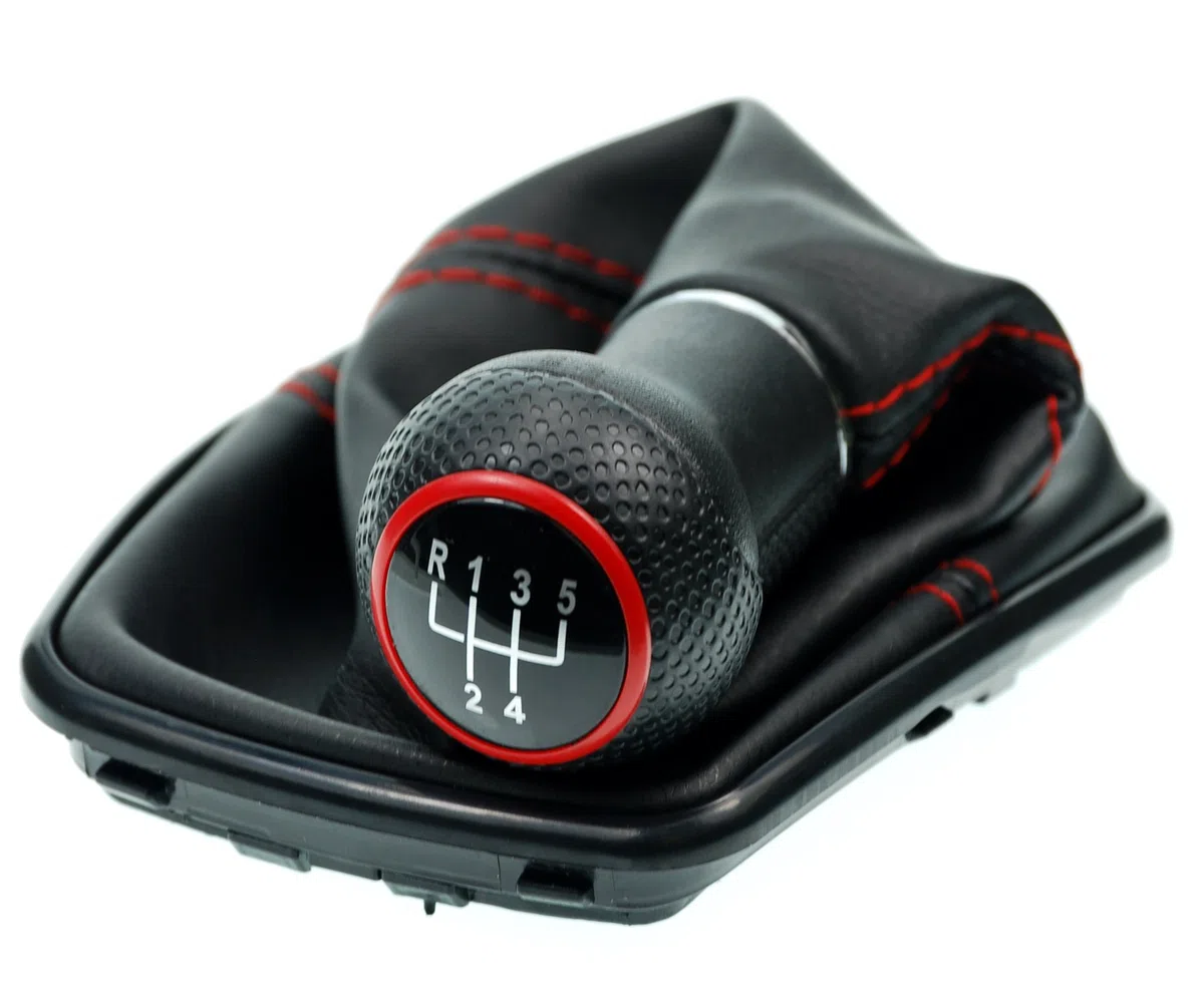 Schaltsack & Schaltknauf für VW Golf 4 IV & für Bora - 23mm - Bj. 1997 - 2006 - 5 Gang Knauf mit Rahmen - Schwarz - Rot - Schaltmanschette Schalthebel Manschette für Schaltgetriebe Schaltung A251-4