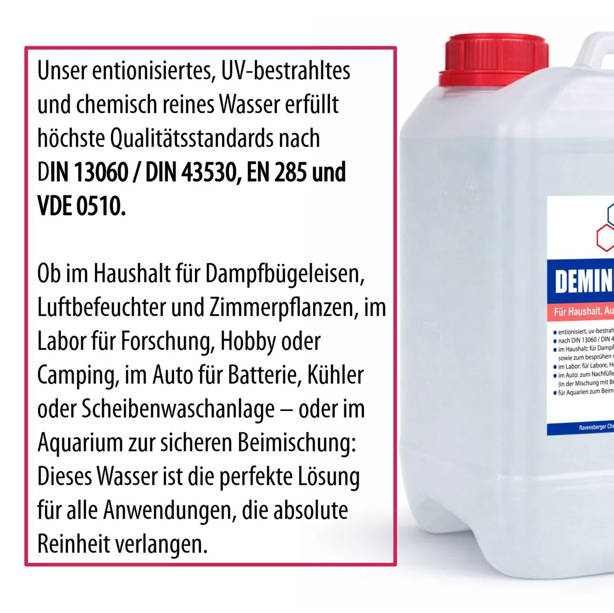 VE-Wasser im Kanister – demineralisiert & entionisiert nach DIN, kalkfrei – für Auto, Batterie, Haushalt, Labor & Reinigung – Ersatz für destilliertes Wasser (2x 5 Liter)
