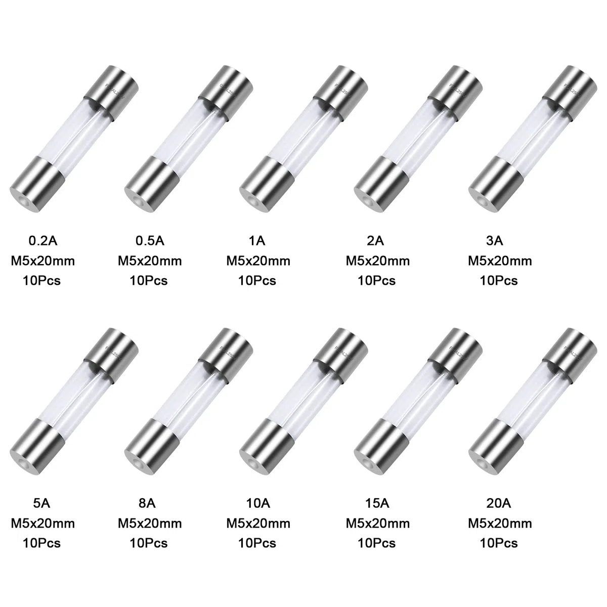 100 Stk Feinsicherungen Flink, 5x20mm 250V Feinsicherung Sortiment 0.2A, 0.5A, 1A, 2A, 3A, 5A, 8A, 10A, 15A, 20A, Glassicherung, Glasrohrsicherung, Glas Sicherungen