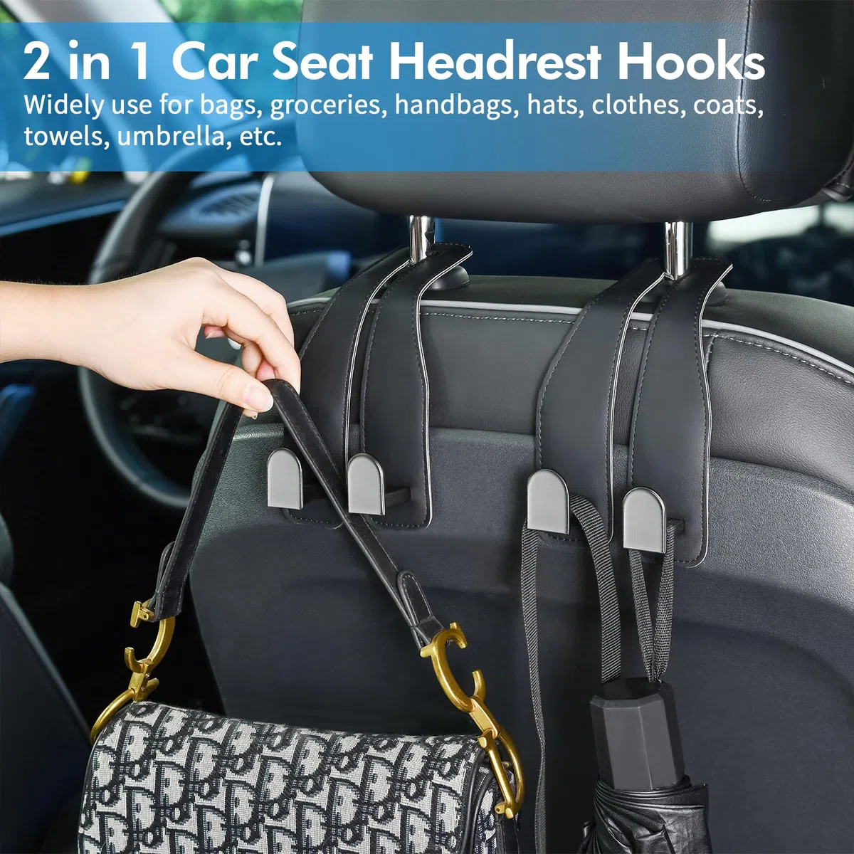 Auto-Haken für Kopfstütze, Leder, Autositz-Rückenlehne, Organizer, Innenzubehör, Autositz-Haken für Geldbörse, Regenschirme, Handtasche, Kleidung, Mäntel, Einkaufstaschen, Schwarz, 2 Stück
