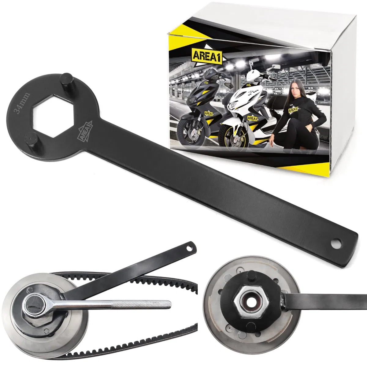 Area1 Kupplung Halte/Blockierwerkzeug+Schlüssel 34mm für 50ccm kompatibel mit Piaggio TPH (X) Zip NRG Power mc2 mc3 NTT Liberty Fly Fee Sfera Quartz Storm, passend für Vespa S ET2 ET4 LX LXV Primavera