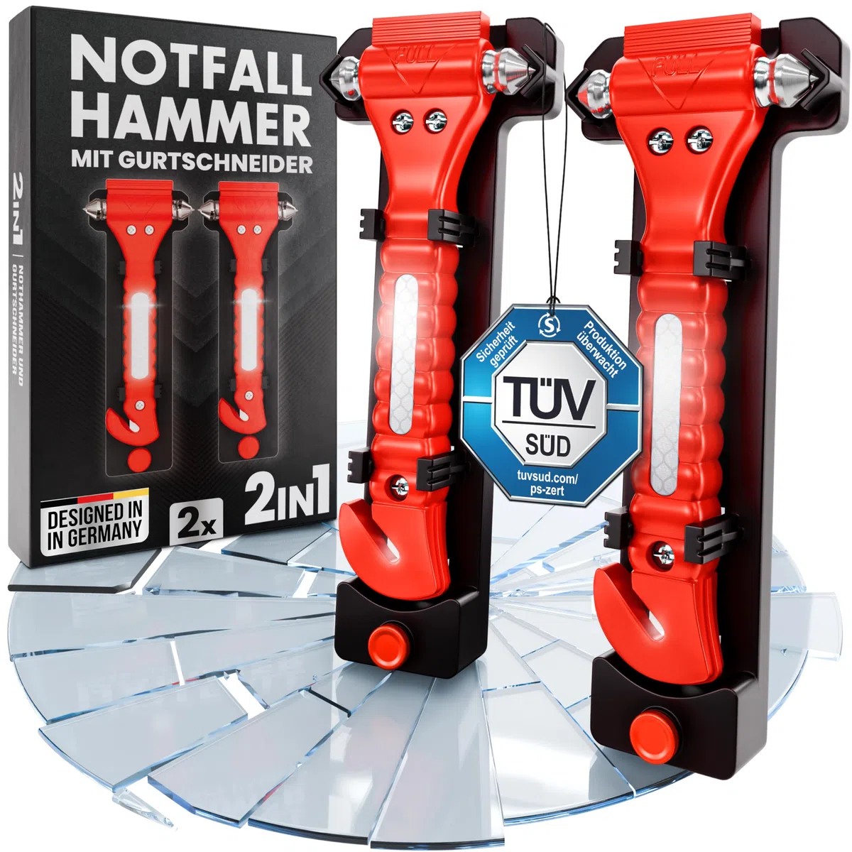 HELDENWERK® Nothammer Auto mit Gurtschneider TÜV GS Zertifiziert [2er Set] - Notfallhammer mit gehärteten Spitzen und Reflektoren - Notfall Hammer, Sicherheitshammer mit Gurtmesser