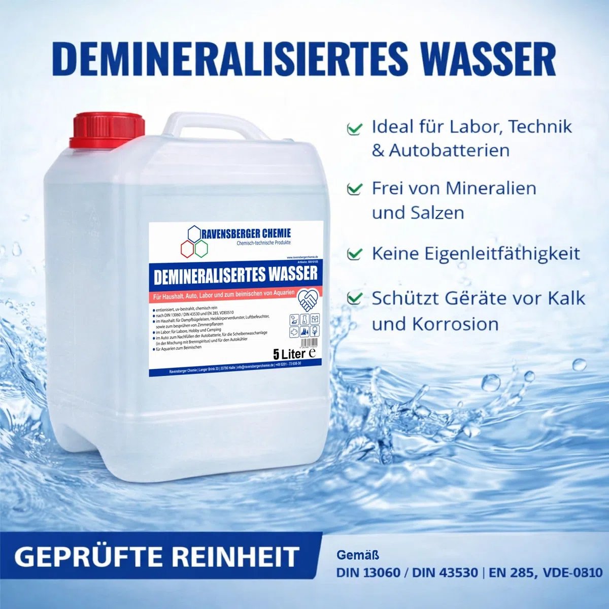 VE-Wasser im Kanister – demineralisiert & entionisiert nach DIN, kalkfrei – für Auto, Batterie, Haushalt, Labor & Reinigung – Ersatz für destilliertes Wasser (2x 5 Liter)
