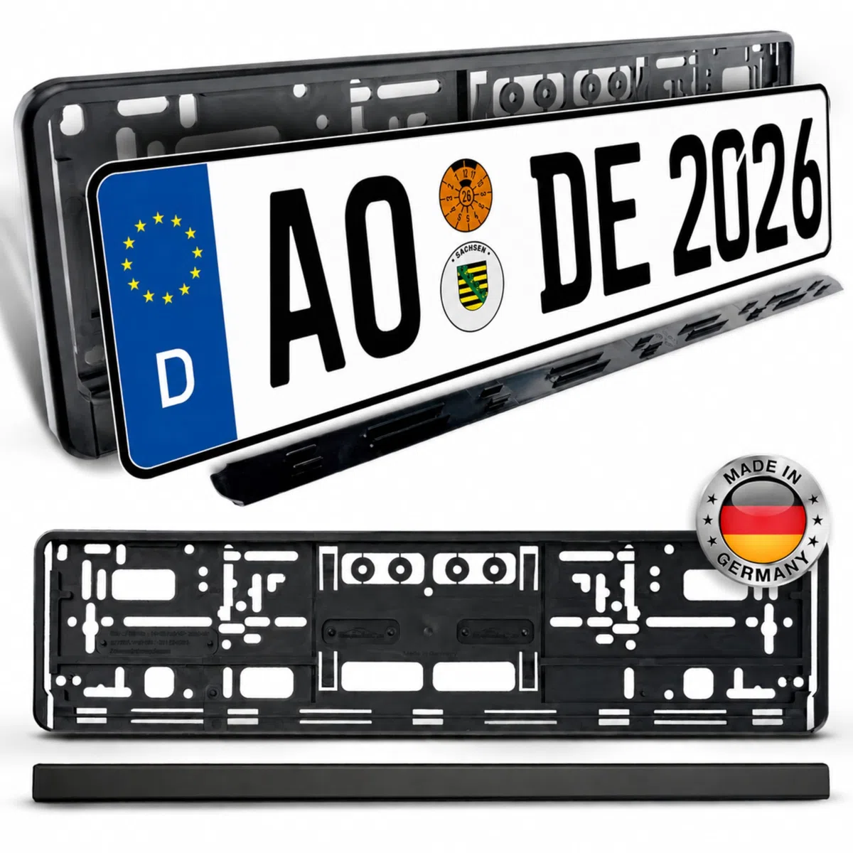 Kennzeichenhalter ohne Werbung 2er Set – Auto Nummernschildhalter schwarz 520 x 110 mm – Fester Halt, kein Klappern, schnelle Klickmontage