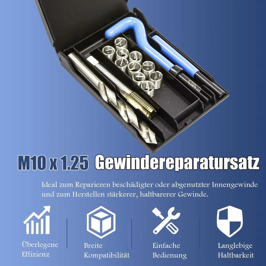 Helicoil Gewindereparatursatz M10 x 1,5 mm, Helicoil-Wiederherstellungswerkzeug für Gewindereparatur, Drahteinsatzsatz für die Reparatur interner Schraubenlöcher vom Typ Helicoil