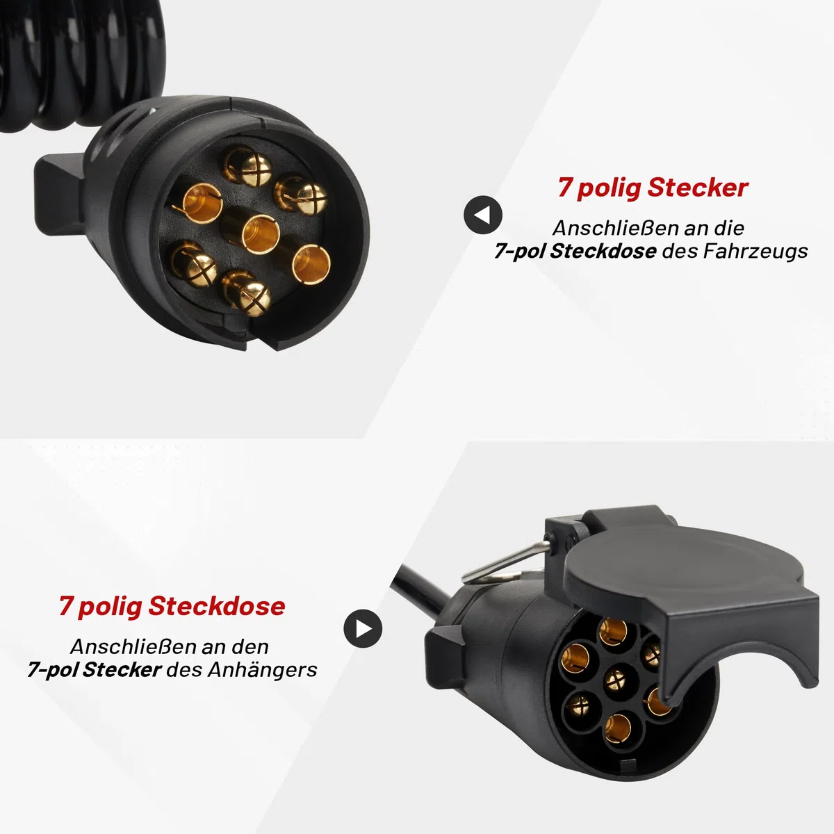 RED WOLF Anhänger Verlängerungskabel 7 Polig 2m, 7 Pol Anhängerstecker mit Spiralkabel Verlängerung 7 Poliger Stecker auf Steckdose für Kfz Anhänger Wohnwagen Wohnmobil Fahrradträger Lkw Anhängerkabel